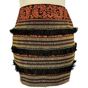 New English Rose Frayed Fringe Embroidered Striped Bandage Mini Skirt Size Small